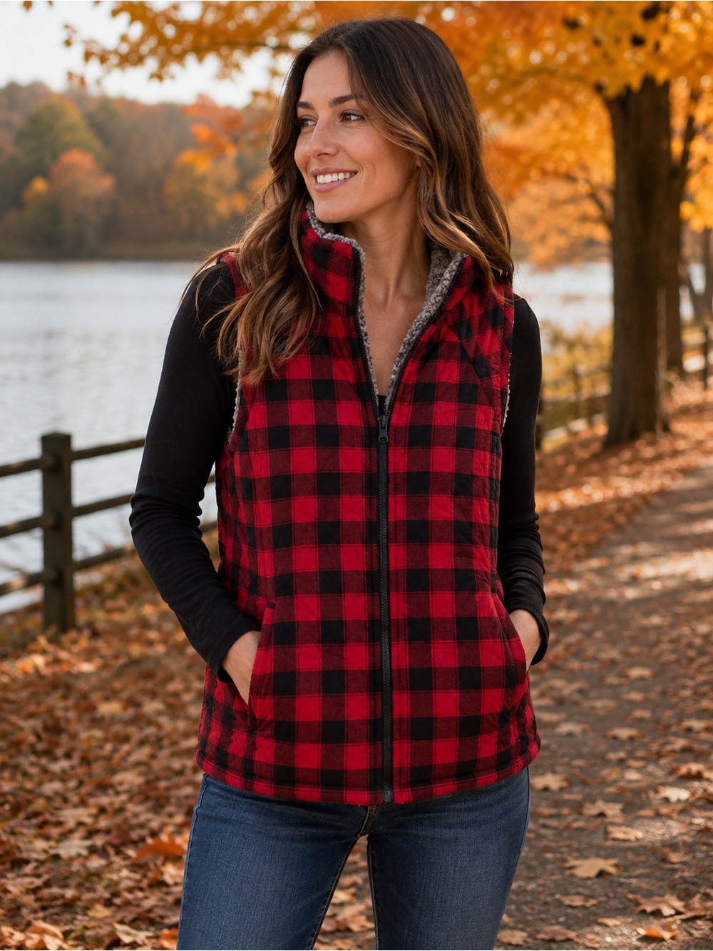 Reversible Red & Black Flannel Plaid Sherpa Vest